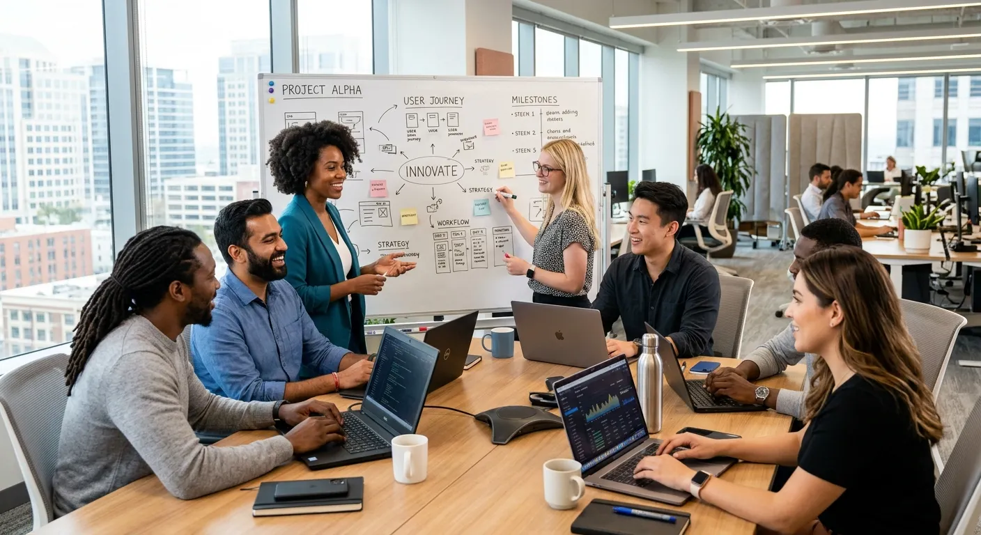 A modern, diverse team of professionals collaborating in a bright, open-plan office. Focus on connection and technology, with laptops and whiteboards visible. Professional, optimistic mood.