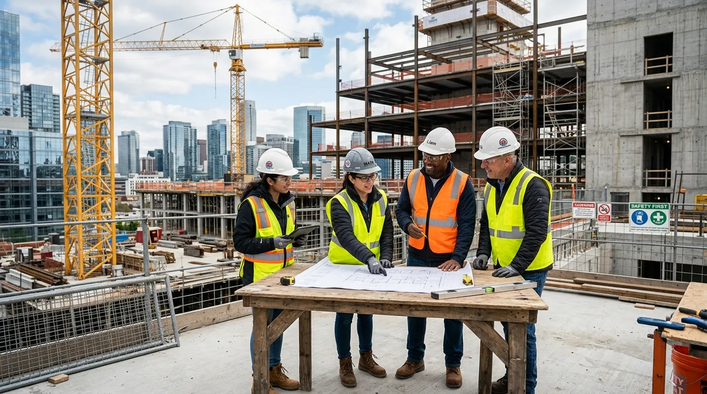 Professional hero image showing a diverse group of construction workers in high-visibility vests collaborating on a modern building site in city, with cranes and scaffolding in the background, conveying teamwork, safety, and industry expertise.