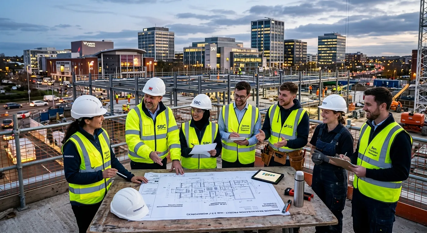 A professional, high-energy photograph of a modern Swindon business district skyline blending with a diverse team of construction and industrial professionals collaborating on a project plan, symbolizing the connection between local agencies and the workforce.