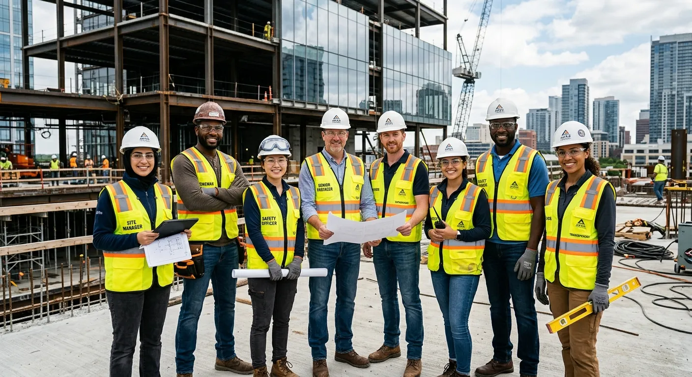 A diverse group of professional construction workers and managers collaborating on a modern building site, wearing high-visibility vests and hard hats, looking confidently at the camera. The style is professional, high-resolution, with a focus on teamwork and competency.