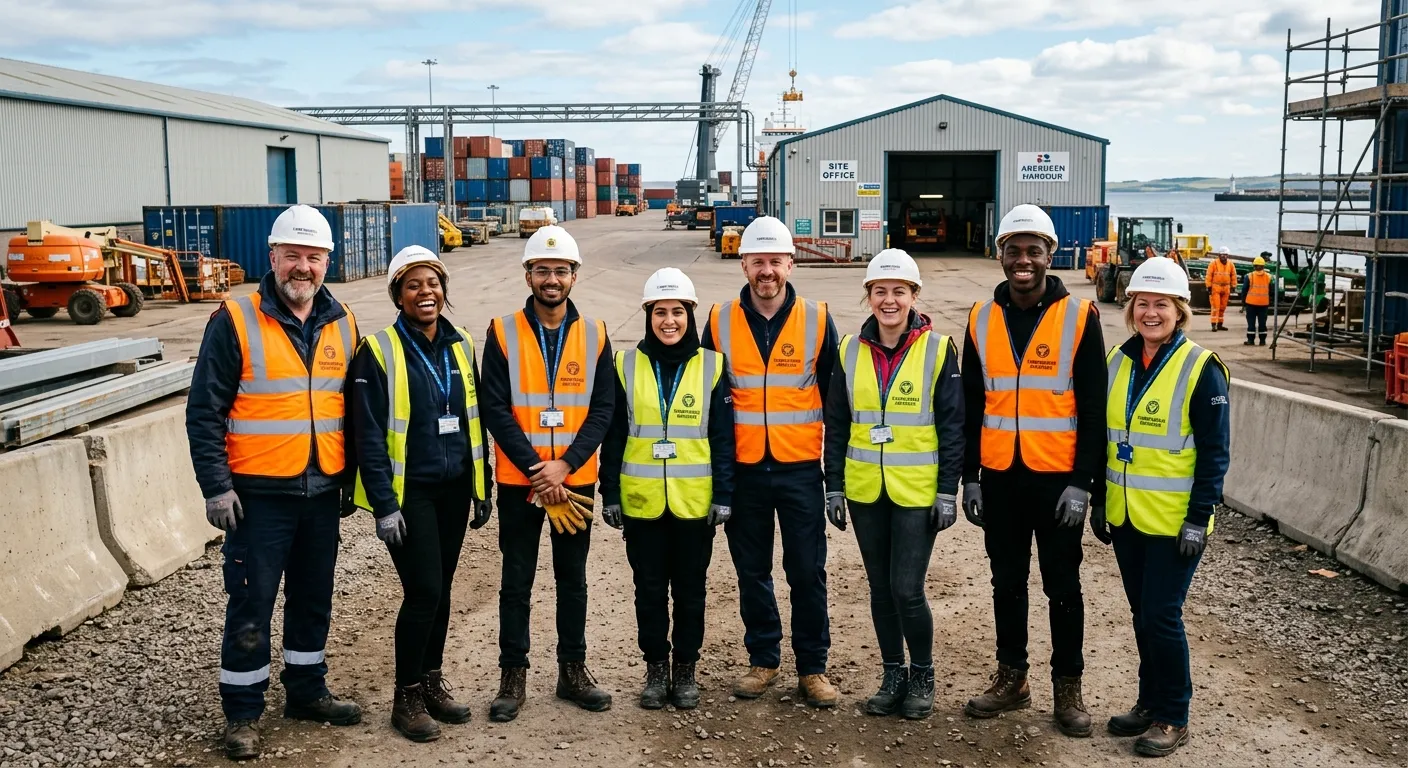 A diverse group of professional temporary workers in high-visibility vests, smiling and ready for work on an industrial site in Aberdeen, AB15. Bright, positive, and professional mood.