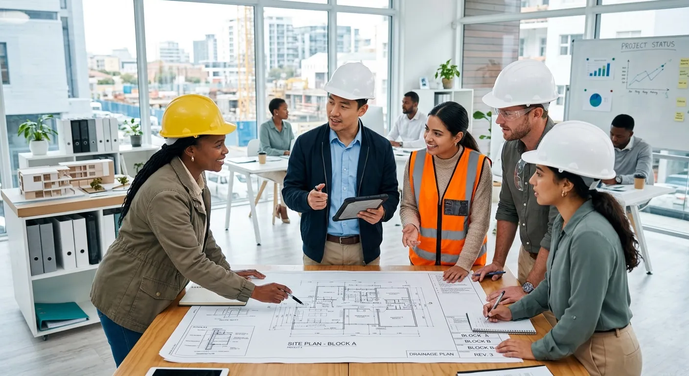 A modern, diverse team of construction and industrial professionals collaborating on a blueprint in a bright, professional office, representing successful talent sourcing and teamwork. Style: Professional corporate photography, vibrant and sharp, mood: confident and collaborative.