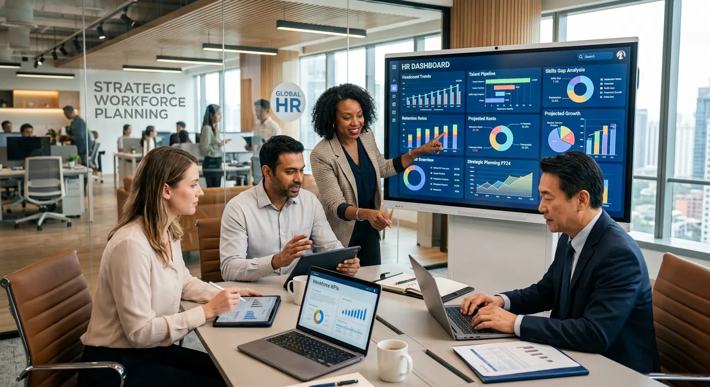 A modern, professional office setting where diverse HR managers and team leaders are collaborating over data dashboards and digital devices, symbolizing strategic workforce planning. Style: Bright, sharp, corporate photography with a focus on technology and human collaboration.