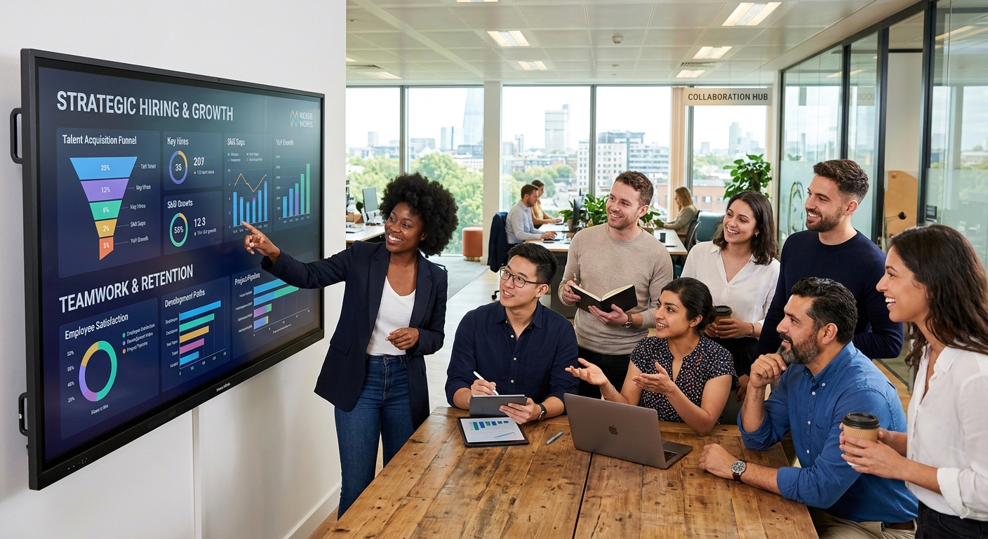 A modern, diverse team of professionals collaborating in a bright office, looking at a data dashboard on a large screen, symbolizing strategic hiring and teamwork.
