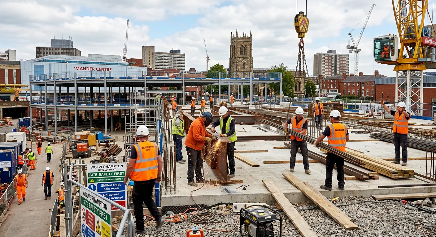 A dynamic, professional construction site in Wolverhampton with workers in high-vis vests, showcasing a mix of skilled tradespeople and labourers against the backdrop of the city skyline, daytime, action shot