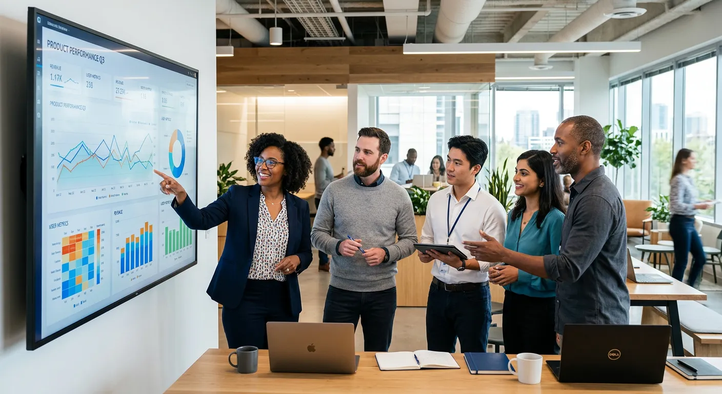 A modern, diverse team of professionals in a collaborative office environment, looking at a data dashboard on a large screen. Style is professional, bright, and forward-thinking, with a focus on technology and human connection.