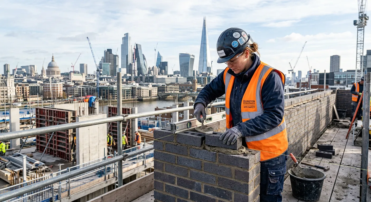 Professional hero image showing a skilled bricklayer at work on a modern London construction site, with city skyline in background. Daylight, realistic, high-quality photo.