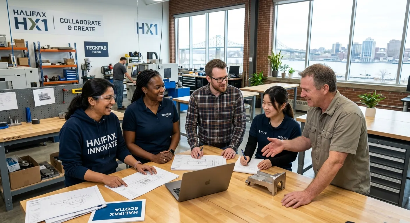 A professional, diverse group of staff members working collaboratively in a modern office or light industrial setting in Halifax, HX1. They are smiling and engaged, conveying a positive team environment. Style is bright, realistic, and professional.
