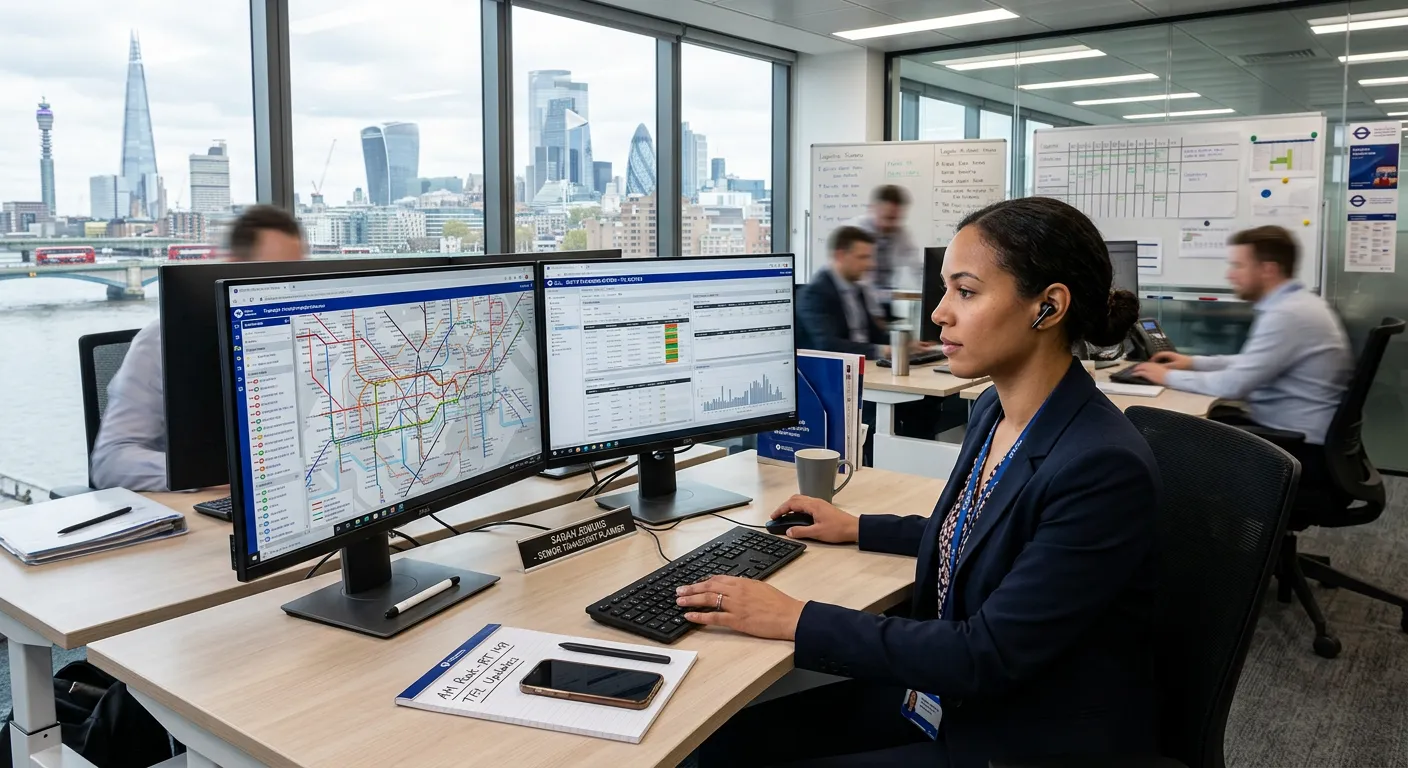 A professional, action-oriented image showing a Transport Planner at work in a modern London office or logistics hub, reviewing route maps on dual monitors, with a London skyline visible in the background. Style: Professional, focused, modern. Mood: Efficient, strategic, and in-demand.