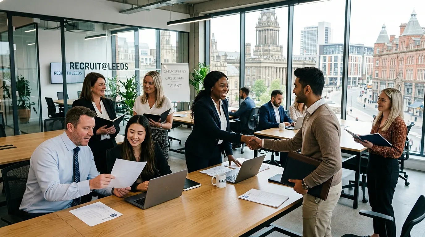 A dynamic, professional hero image showing a diverse group of recruitment consultants and job seekers in a modern Leeds office setting, shaking hands and reviewing CVs. The mood is energetic, collaborative, and solution-focused.