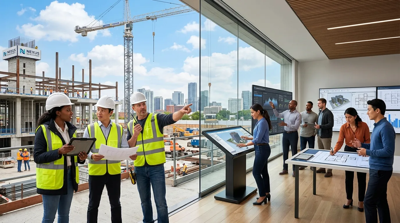 A dynamic, professional hero image showing a diverse team of construction and office professionals collaborating on a modern building site and in a planning office. The mood is energetic, forward-looking, and technologically advanced.