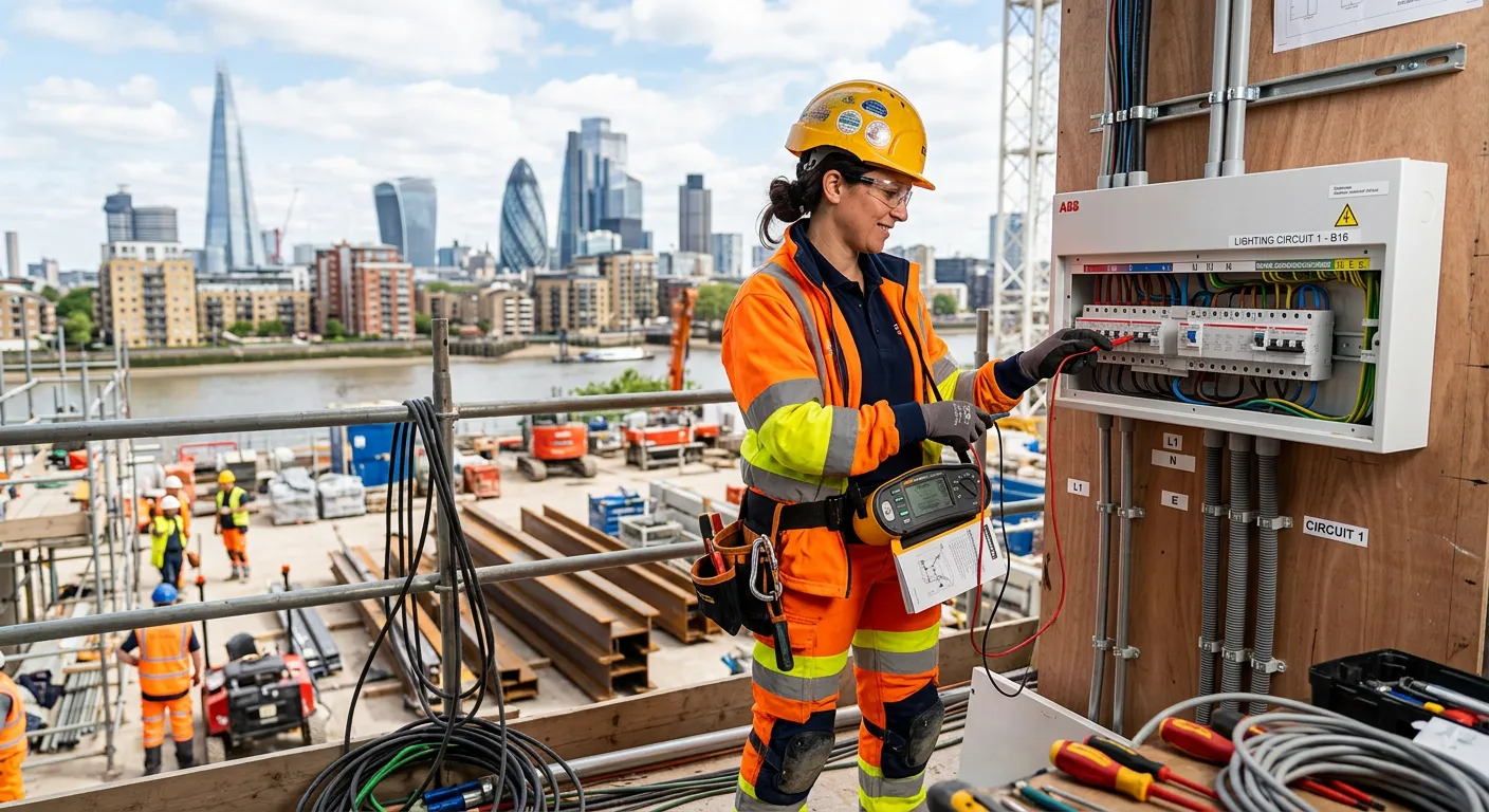A professional electrician in high-visibility workwear, safely testing a modern consumer unit on a bright, active construction site in London, with the city skyline blurred in the background. Professional, confident, and skilled mood.