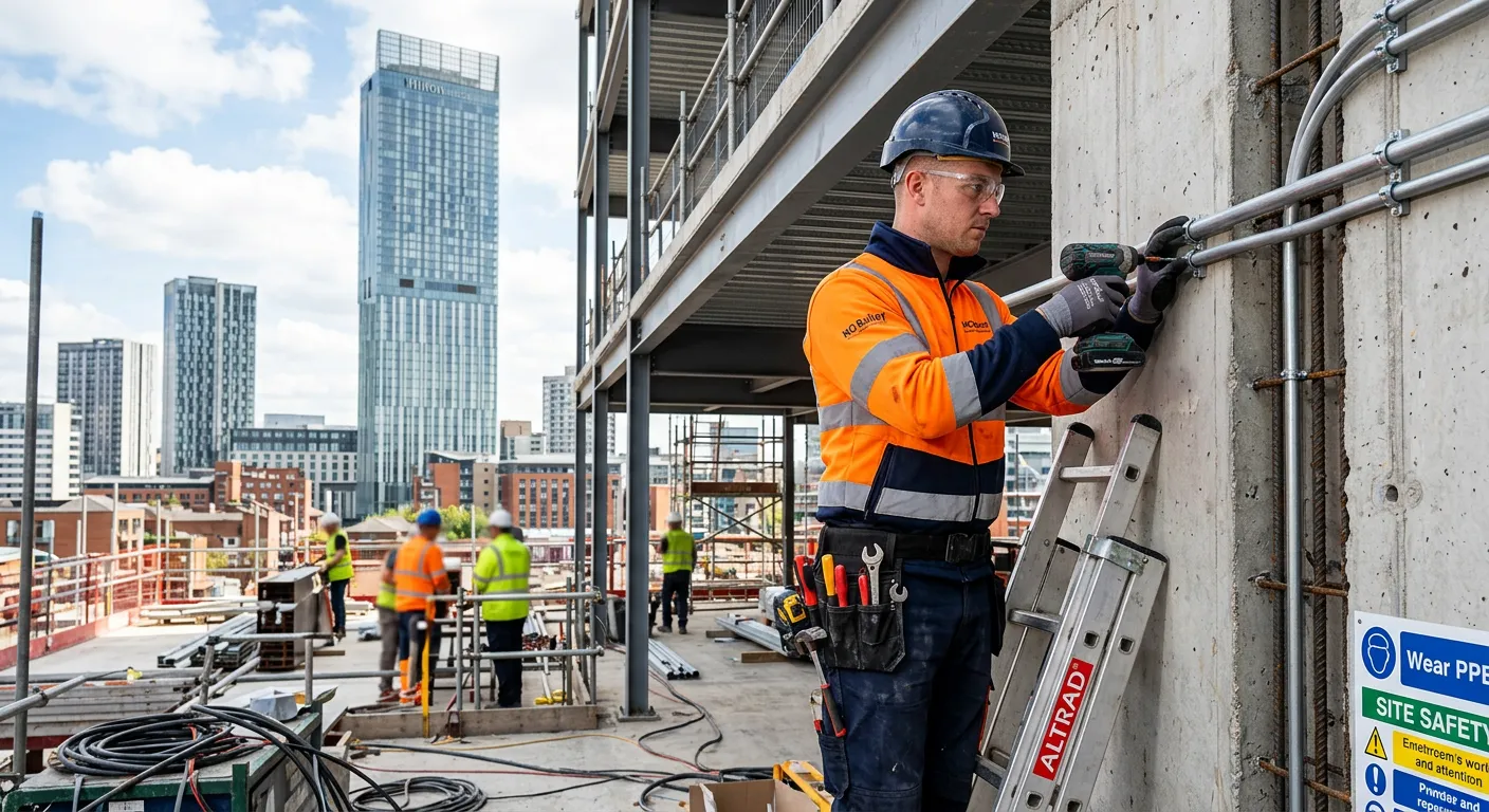 A professional electrician in high-visibility workwear, safely installing conduit wiring on a modern... A professional electrician in high-visibility workwear, safely installing conduit wiring on a modern construction site in Manchester city centre, with Beetham Tower visible in the background. Professional, bright, and action-oriented.