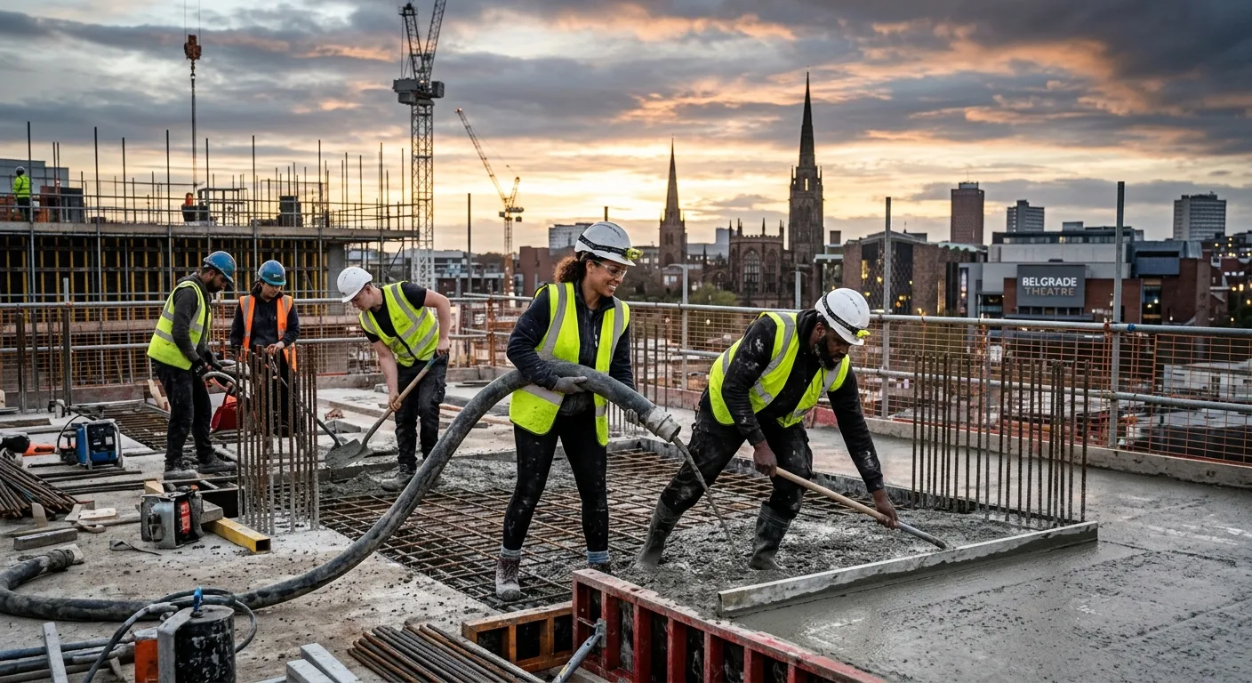 A dynamic, high-energy photograph of a diverse team of construction labourers working collaboratively on a modern building site in Coventry, with the Coventry Cathedral spire or other local landmark subtly in the background. Style: professional, inspiring, action-oriented.