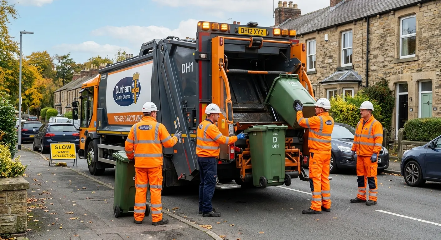 A professional, well-lit photograph of a team of refuse/waste operatives in high-visibility clothing, safely loading bins onto a modern waste collection vehicle on a residential street in Durham (DH1). The image should convey teamwork, professionalism, and essential public service.