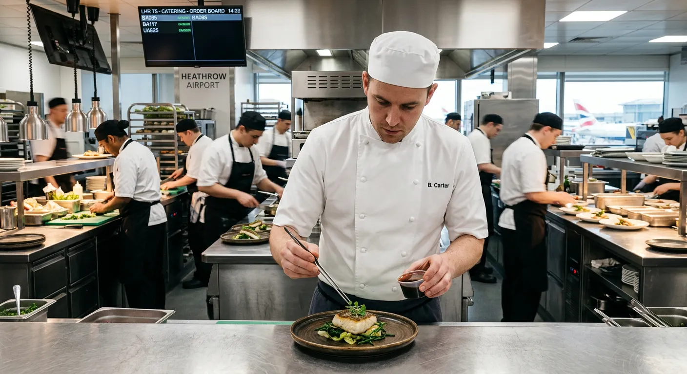 A professional Chef in a busy, modern kitchen at Heathrow airport, plating a dish with precision, sh... A professional Chef in a busy, modern kitchen at Heathrow airport, plating a dish with precision, showcasing a clean uniform and a high-paced catering environment.