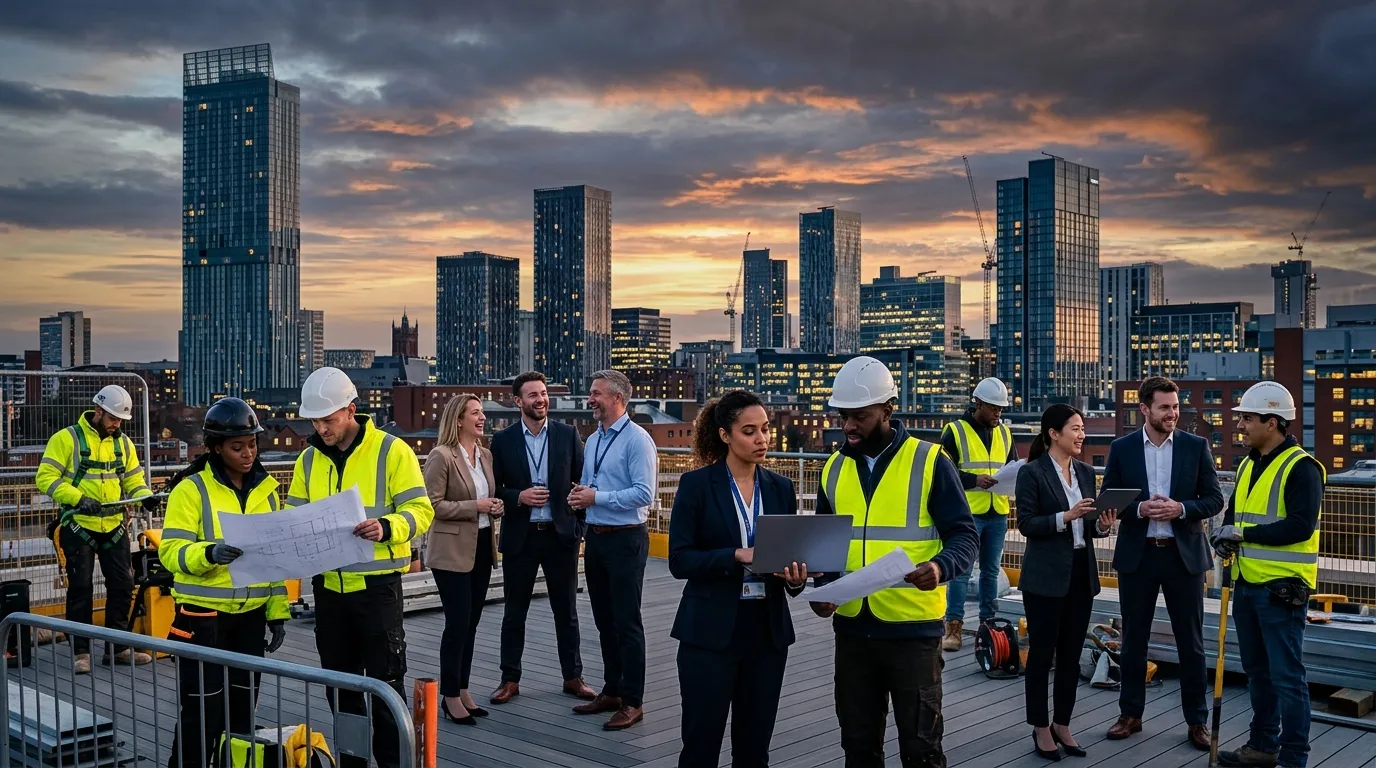 A dynamic, professional hero image showing the Manchester skyline (Beetham Tower, modern buildings) blending with a diverse group of skilled construction workers and office professionals in high-vis and business attire, symbolizing the breadth of Manchester's job market. Moody, optimistic lighting.
