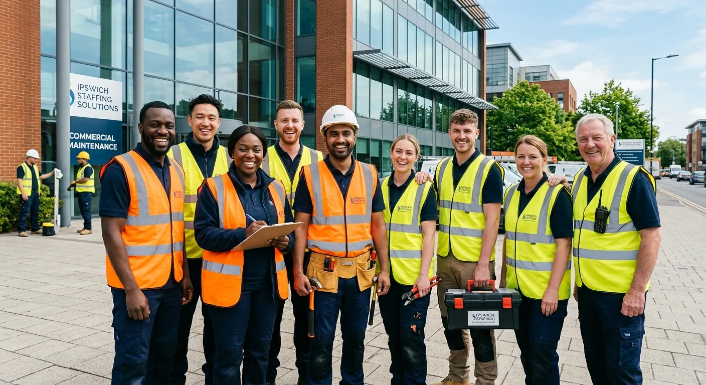 A diverse group of professional maintenance operatives and tradespeople in high-visibility vests, smiling and gathered outside a modern commercial building in Ipswich, symbolising teamwork and reliable staffing solutions.