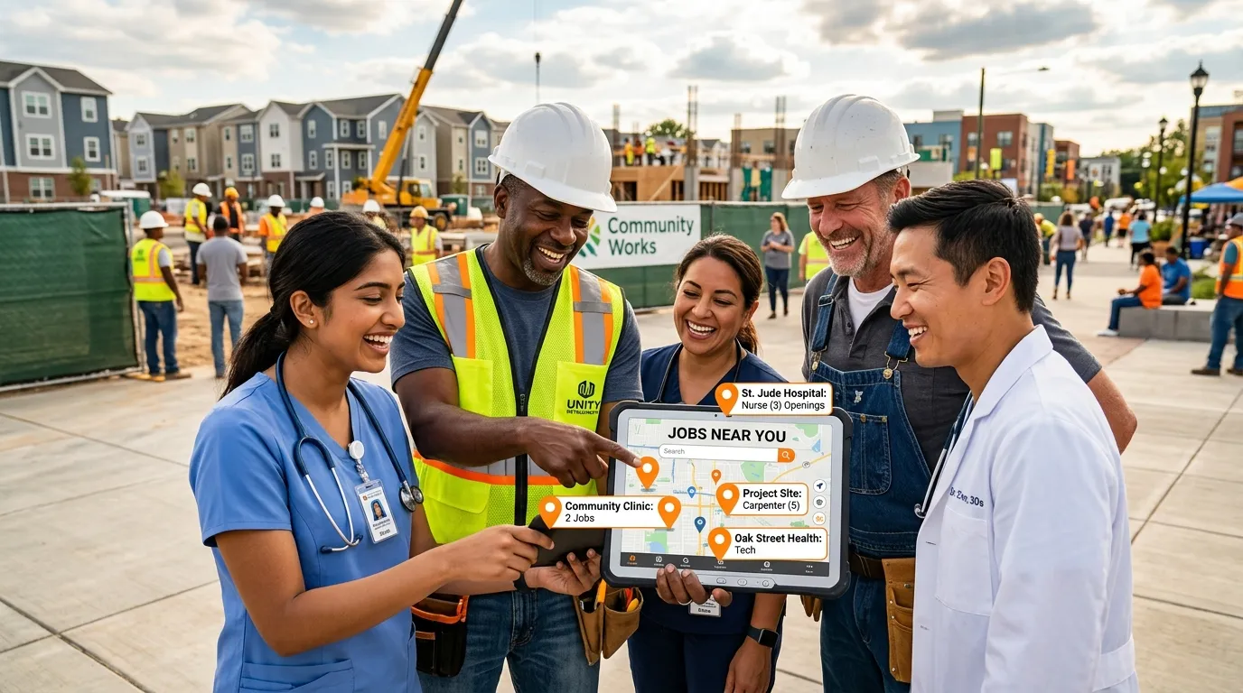 A dynamic, professional hero image showing a diverse group of construction and healthcare workers sm... A dynamic, professional hero image showing a diverse group of construction and healthcare workers smiling, looking at a tablet displaying a map with