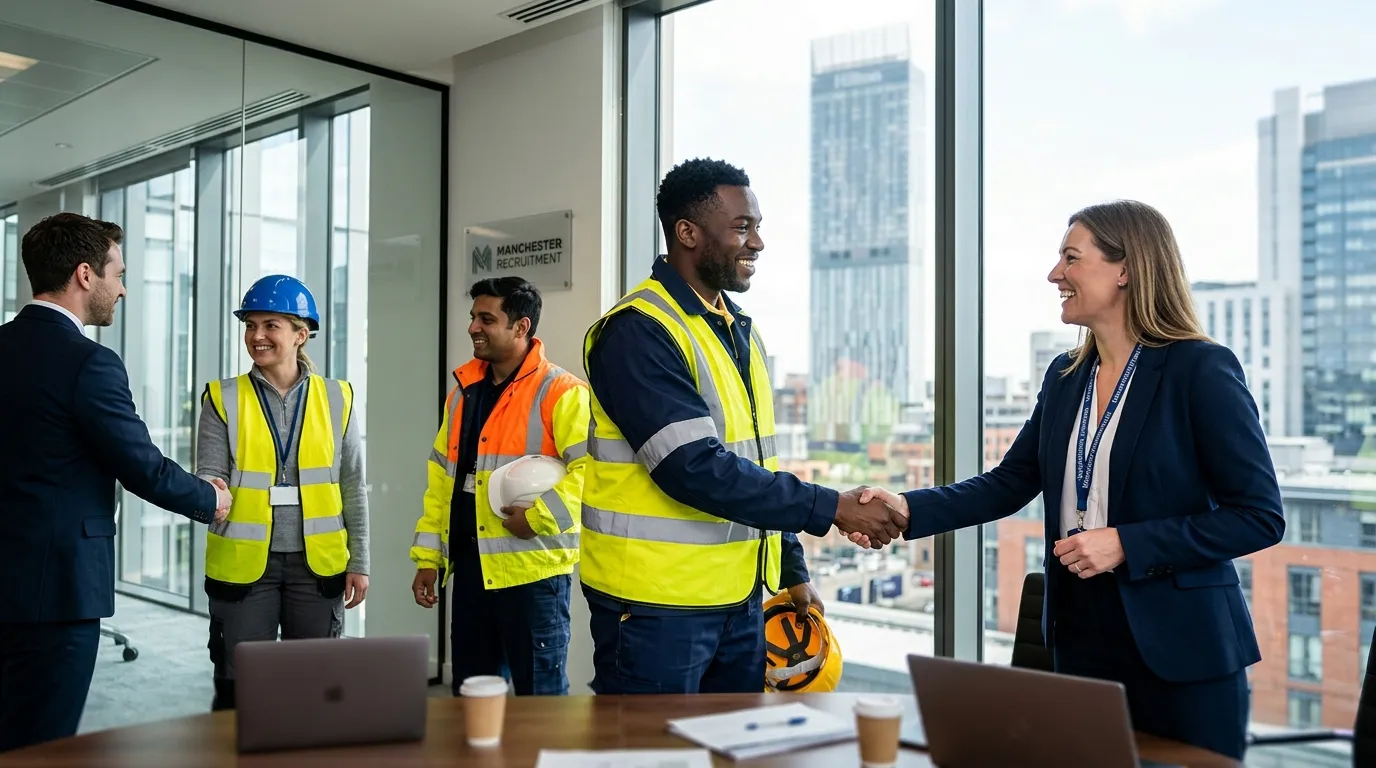 A dynamic, professional hero image showing a diverse group of construction and skilled trade professionals in high-visibility vests, shaking hands with a recruiter in a modern Manchester city office, with the iconic Beetham Tower subtly blurred in the background. Style is bright, confident, and professional.