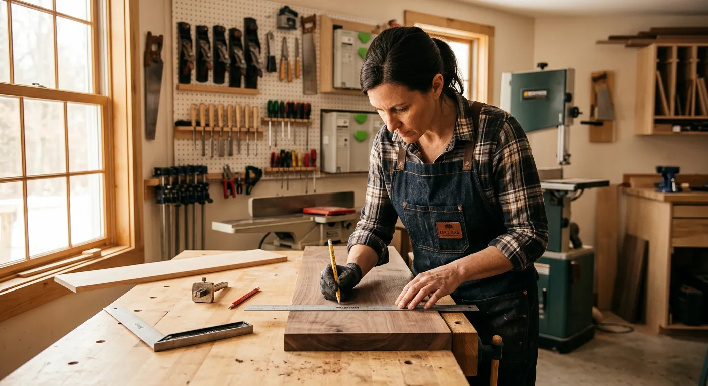 A professional cabinet maker in a workshop apron measuring and marking hardwood at a clean workbench... A professional cabinet maker in a workshop apron measuring and marking hardwood at a clean workbench, with natural daylight streaming through a window, showing tools neatly arranged in the background — warm, skilled, and mood of precision craftsmanship.