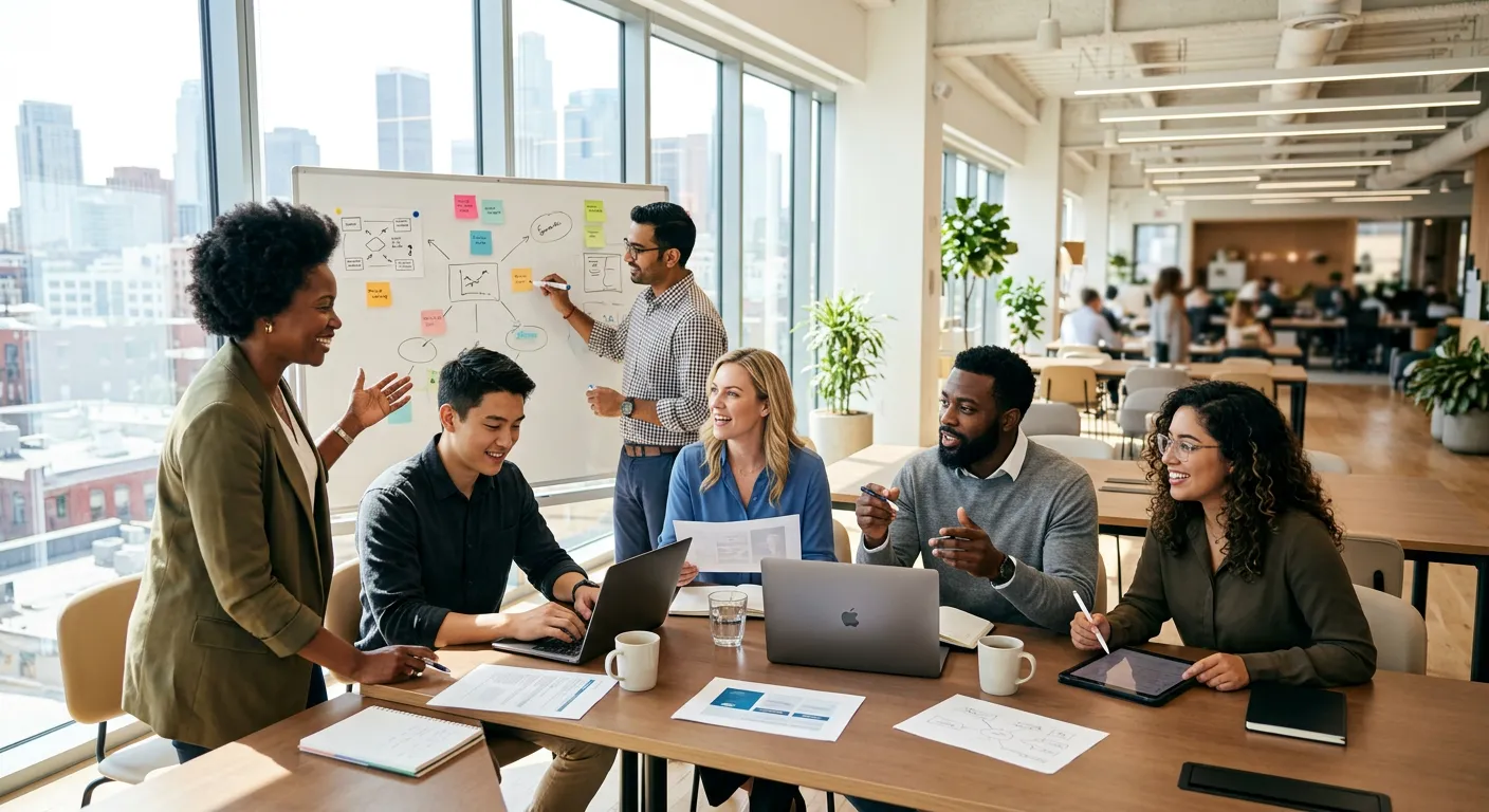 A modern, diverse team of professionals collaborating in a bright, sunlit office. Style is professio... A modern, diverse team of professionals collaborating in a bright, sunlit office. Style is professional and aspirational, with a focus on teamwork and technology.