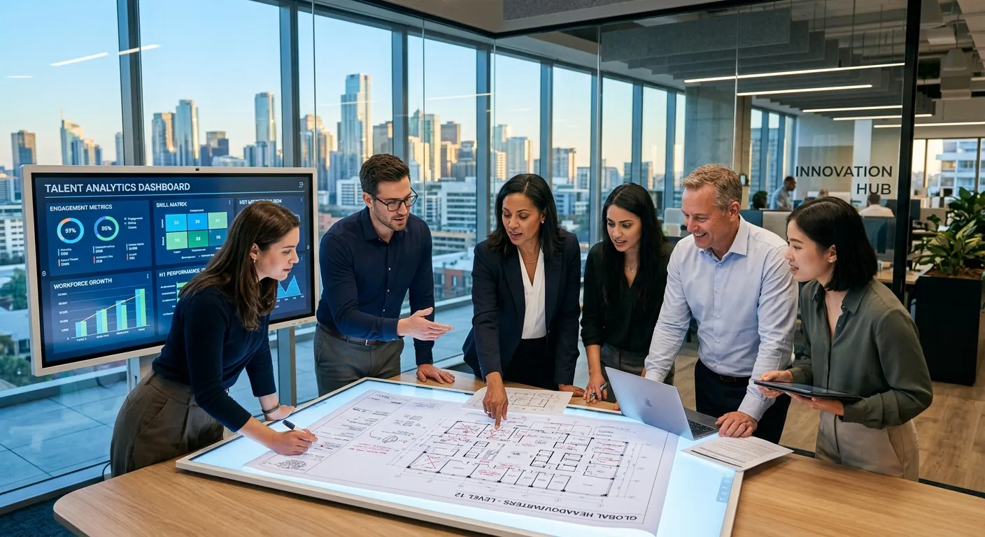 A modern, professional business team in a glass-walled office, collaborating over architectural blueprints and digital screens displaying talent analytics, symbolizing strategy and building. Style: Corporate, aspirational, high-resolution. Mood: Confident, innovative, and forward-thinking.
