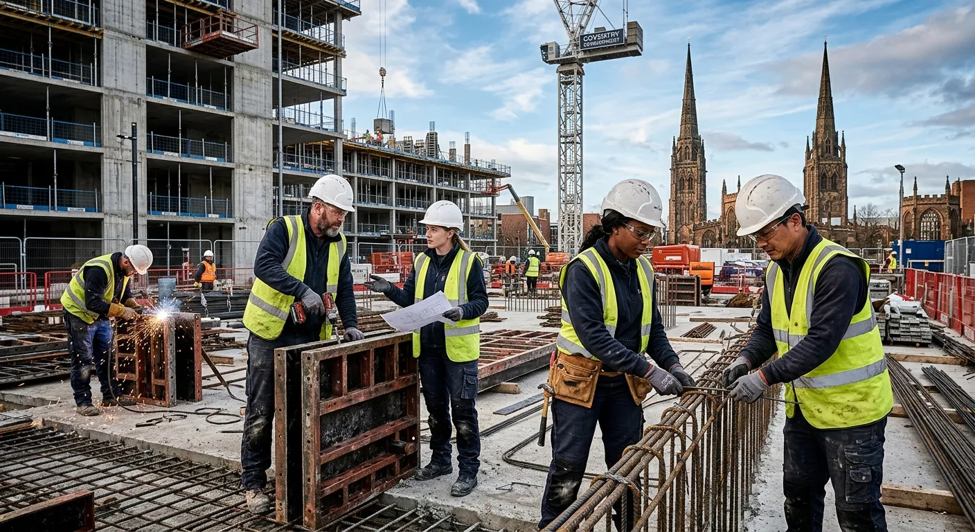 A dynamic, high-contrast hero image showing a diverse team of skilled labourers collaborating on a m... A dynamic, high-contrast hero image showing a diverse team of skilled labourers collaborating on a modern construction site in Coventry, with the Coventry Cathedral spires visible in the background. Professional, action-oriented mood.