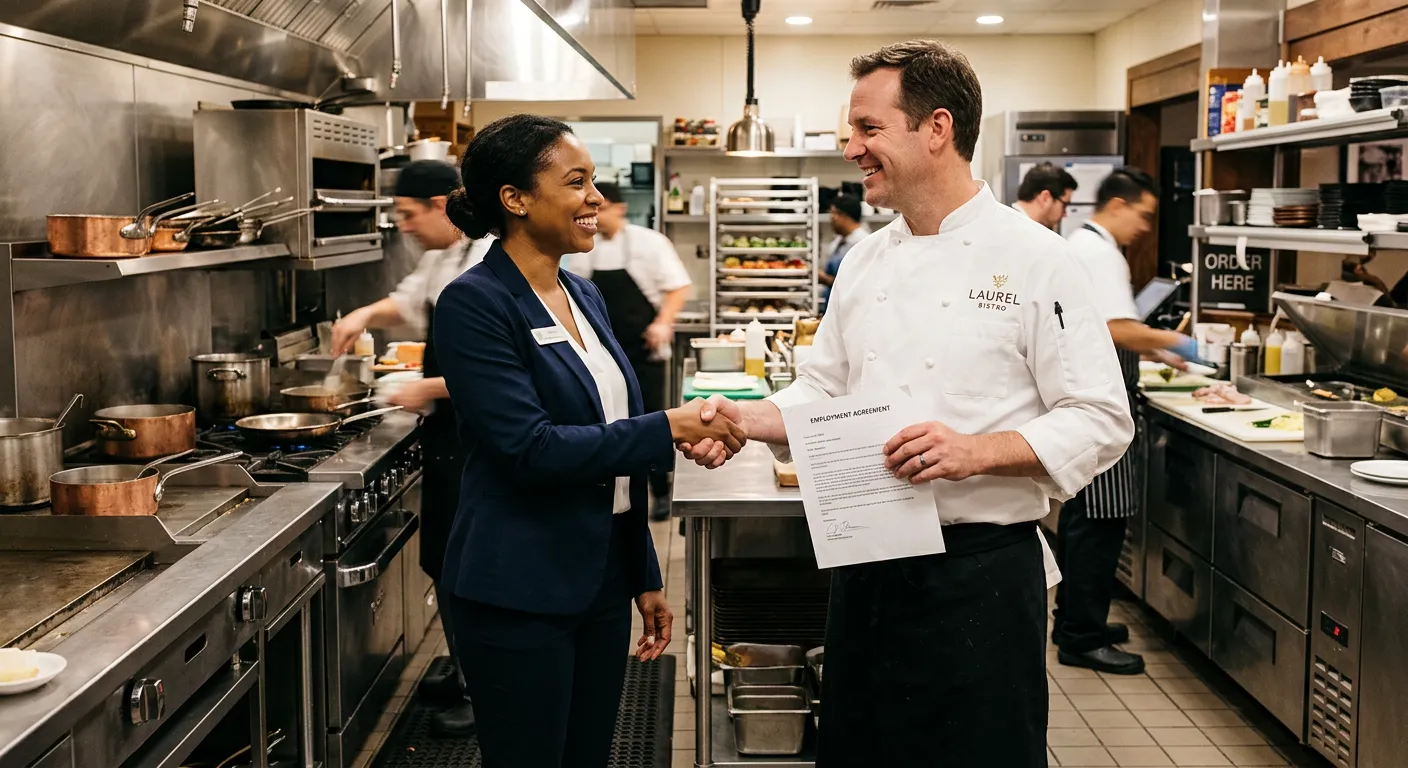 A happy chef in a professional kitchen shaking hands with a manager, symbolizing a successful job offer and transition to permanent work