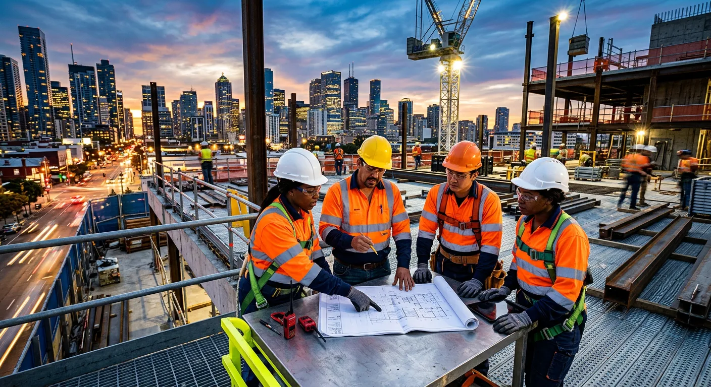 A dynamic, professional image of a diverse team of construction and industrial workers in safety gear collaborating on a modern construction site, with a city skyline in the background. Style: High-contrast, vibrant, and inspiring.