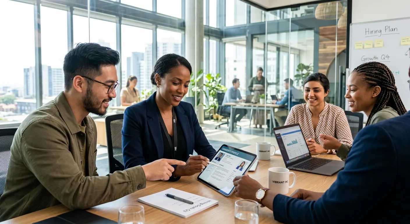 A modern, diverse team of professionals collaborating in a bright, sunlit office, with a focus on a hiring manager reviewing candidate profiles on a digital tablet. Style: professional, aspirational, high-contrast. Mood: productive, innovative, and successful.