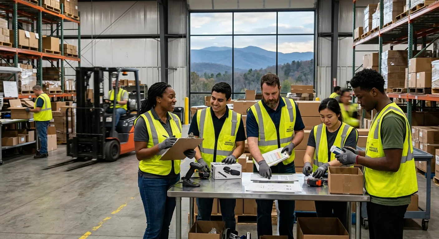 A professional, high-energy photo of a diverse team of temporary workers in Asheville collaborating... A professional, high-energy photo of a diverse team of temporary workers in Asheville collaborating in a modern warehouse or light industrial setting, with the Blue Ridge Mountains subtly visible through a window. Style: Authentic, vibrant, professional. Mood: Productive, reliable, and dynamic.