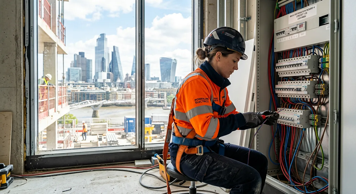 Professional electrician in high-visibility workwear, working on a modern electrical panel in a Lond... Professional electrician in high-visibility workwear, working on a modern electrical panel in a London construction site, focused and skilled, with the London skyline visible through a window. Professional, bright, and dynamic mood.