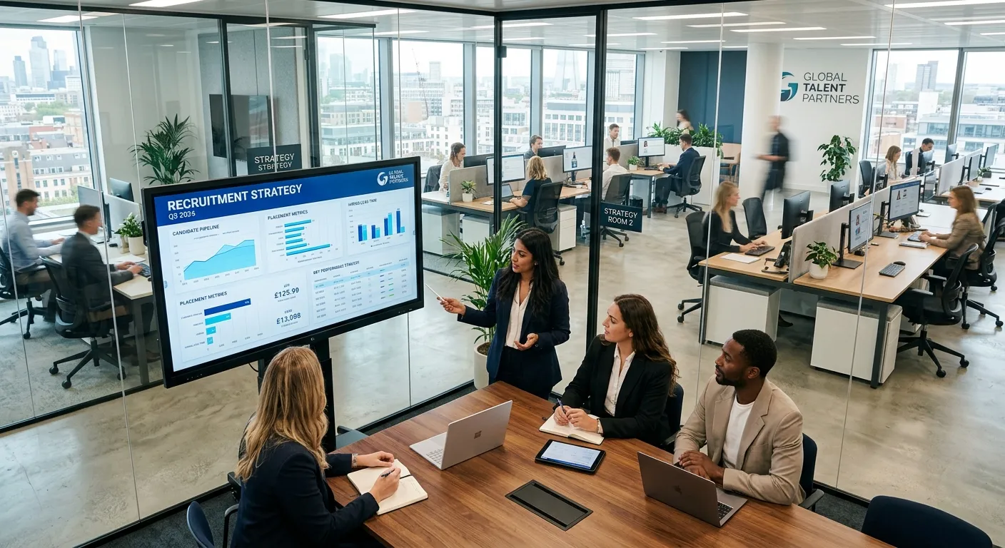 A professional, high-angle shot of a modern recruitment agency office. Bright, clean space with glass walls, collaborative workstations, and a team discussing strategy over a large digital screen displaying analytics. Style: Corporate, aspirational, dynamic.
