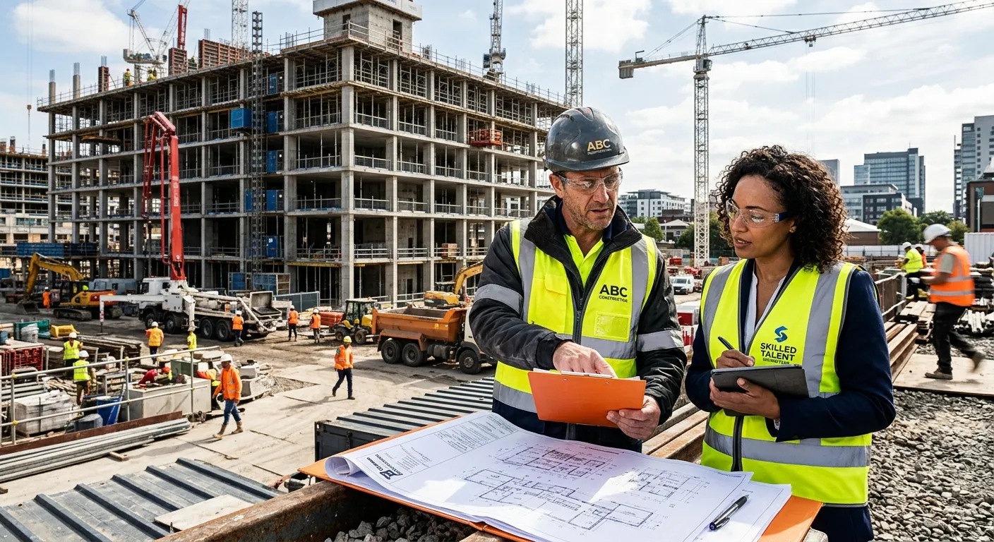 A dynamic, professional shot of a construction site manager reviewing plans with a recruitment consultant, with a busy construction site in the background. Style is modern, high-contrast, and conveys partnership and action.