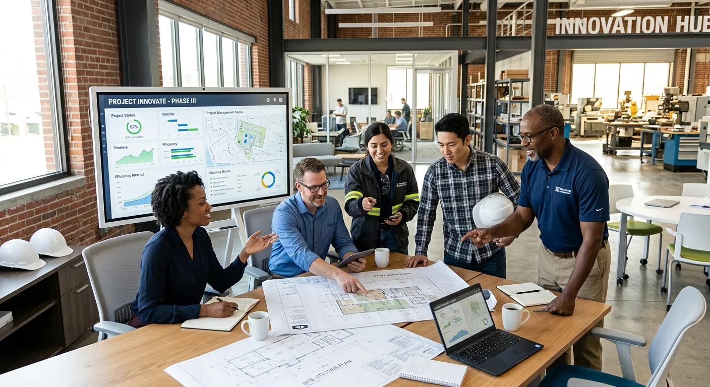 A diverse team of professionals in a modern office or industrial setting, collaborating around a table with plans or a digital dashboard. The style is professional, bright, and forward-looking, conveying stability and teamwork.