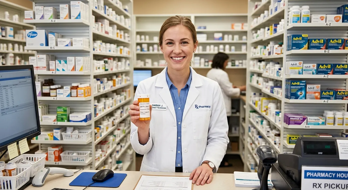 A smiling pharmacy technician in a white coat standing behind a dispensary counter, holding a prescr... A smiling pharmacy technician in a white coat standing behind a dispensary counter, holding a prescription bottle, with a friendly expression. Background shows organized shelves of medications.