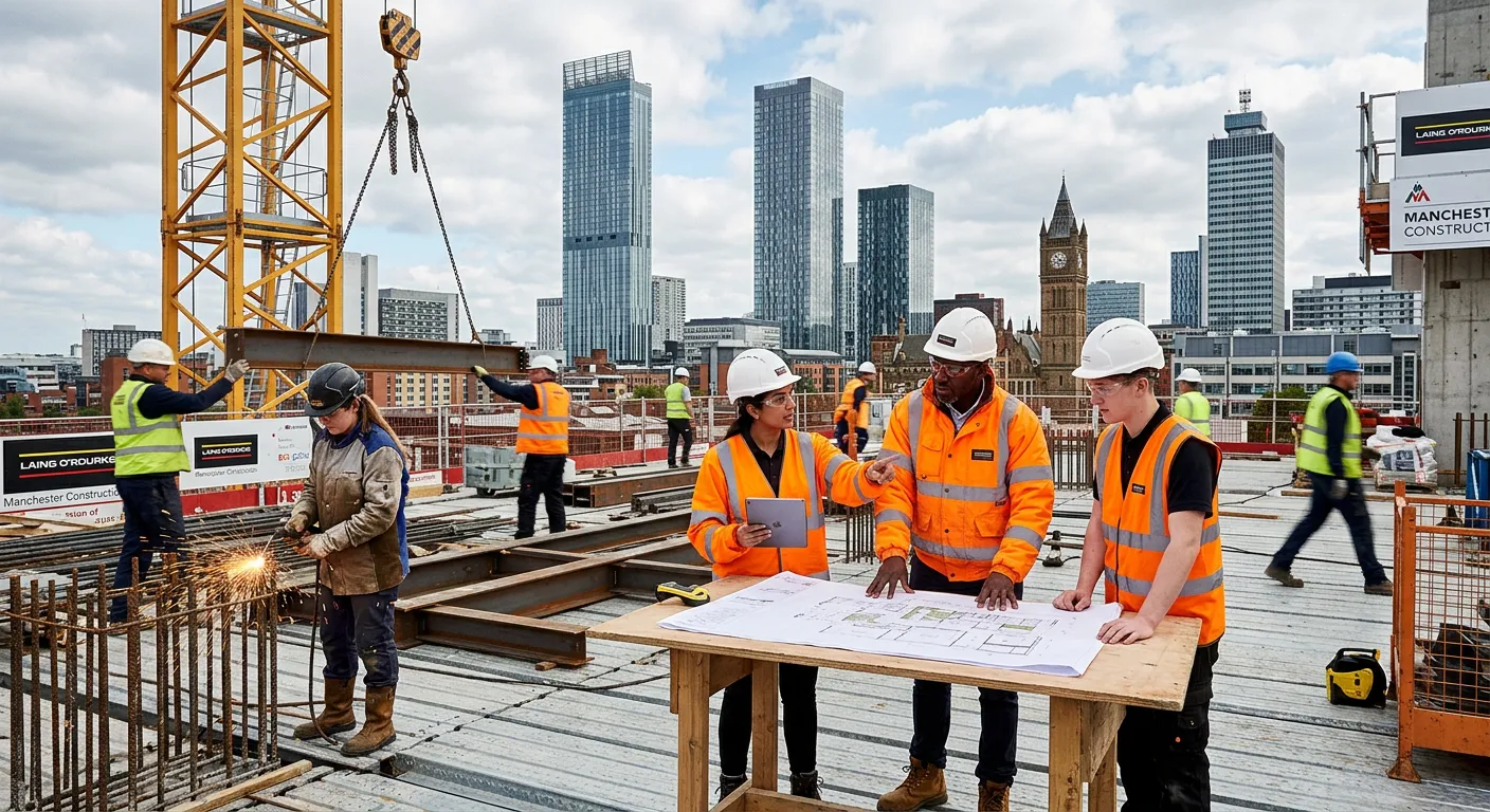 A dynamic, professional photograph of Manchester's modern skyline blending with a busy, diverse cons... A dynamic, professional photograph of Manchester's modern skyline blending with a busy, diverse construction site in the foreground. Focus on workers collaborating, symbolising the city's vibrant job market.