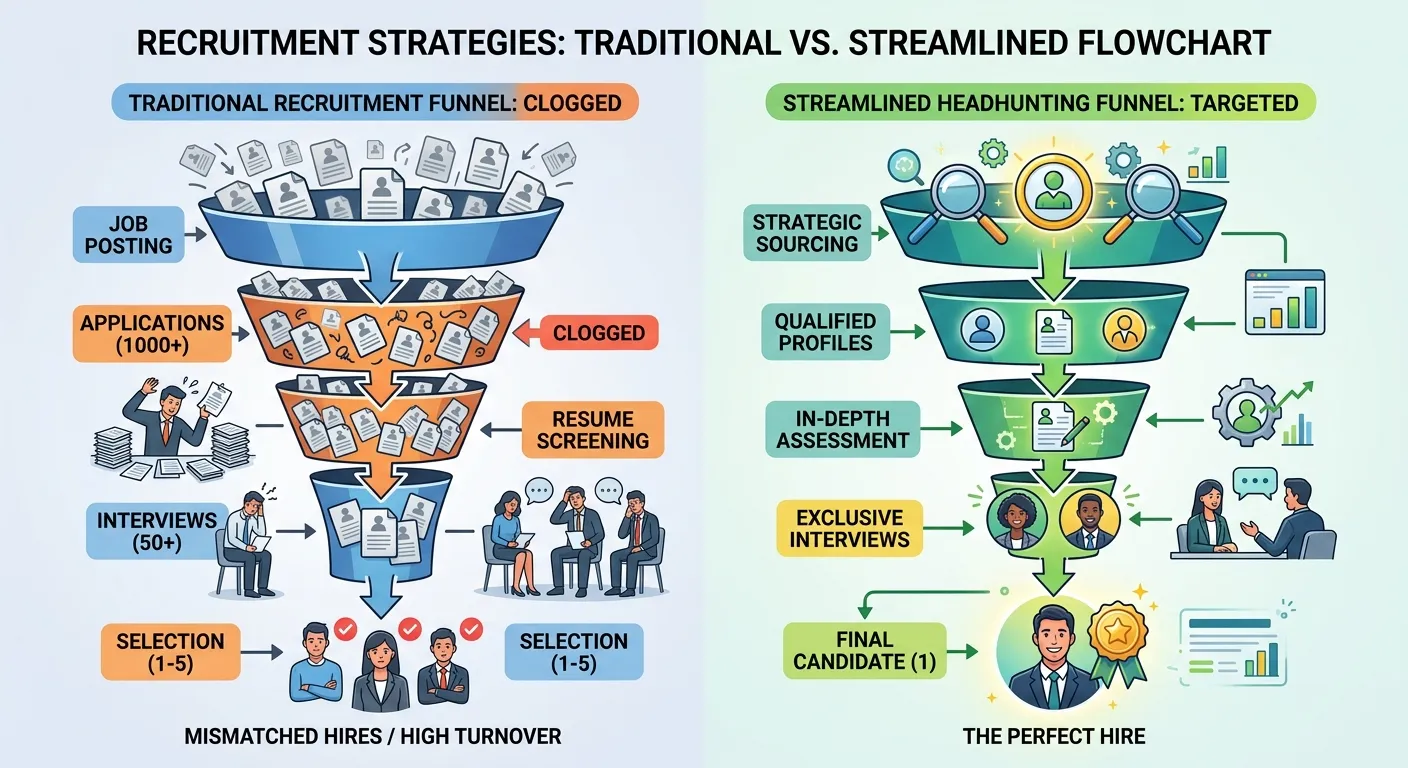 A visual flowchart contrasting a traditional recruitment funnel clogged with mismatched applications versus a streamlined headhunting funnel targeting one perfect candidate.