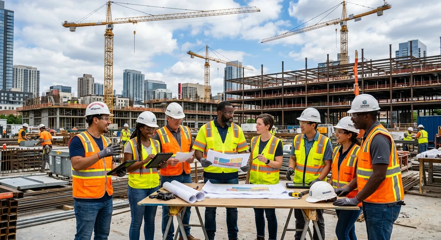 A diverse group of professional construction and industrial workers in high-visibility vests and saf... A diverse group of professional construction and industrial workers in high-visibility vests and safety gear, collaborating on a modern construction site with cranes in the background. Professional, aspirational, and high-energy mood.