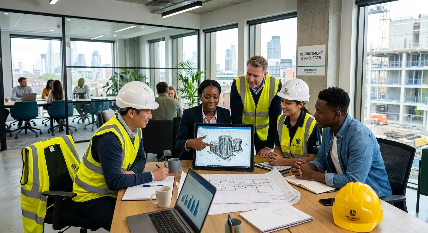 A dynamic, professional photo of a diverse team of construction professionals and recruiters in a modern office, reviewing blueprints on a tablet. The mood is collaborative, forward-thinking, and industrious.