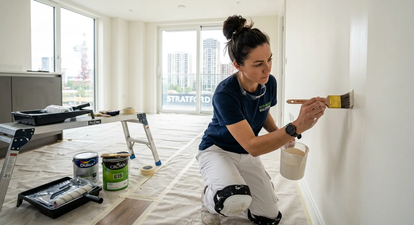 Professional, high-energy photo of a skilled painter decorator in action, applying a perfect finish to a wall in a modern residential or commercial building in Stratford, London E15. Focus on quality tools, clean work area, and the tradesperson's concentration. Style: Bright, realistic, and aspirational.