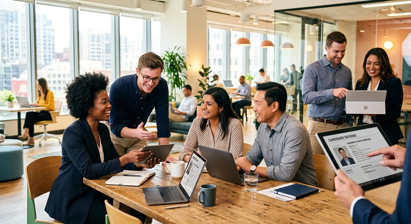 Professional, dynamic hero image showing a diverse team of professionals in a modern office collabor... Professional, dynamic hero image showing a diverse team of professionals in a modern office collaborating. One group is in a meeting, another is reviewing a candidate profile on a tablet. Style is bright, optimistic, and high-energy, with a focus on human connection and professional success.