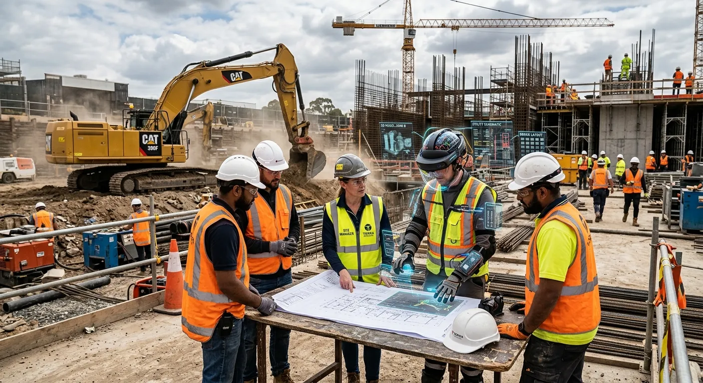 A busy construction site with augmented workers in high-visibility vests integrating with a core team, overseeing plans near heavy machinery.