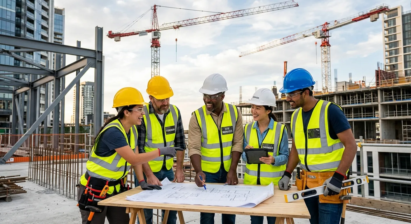 A professional, high-energy hero image showing a diverse team of construction workers and site manag... A professional, high-energy hero image showing a diverse team of construction workers and site managers collaborating on a modern building site, with cranes in the background. Focus on teamwork and skilled labour. Style: professional stock photography, vibrant and sharp.