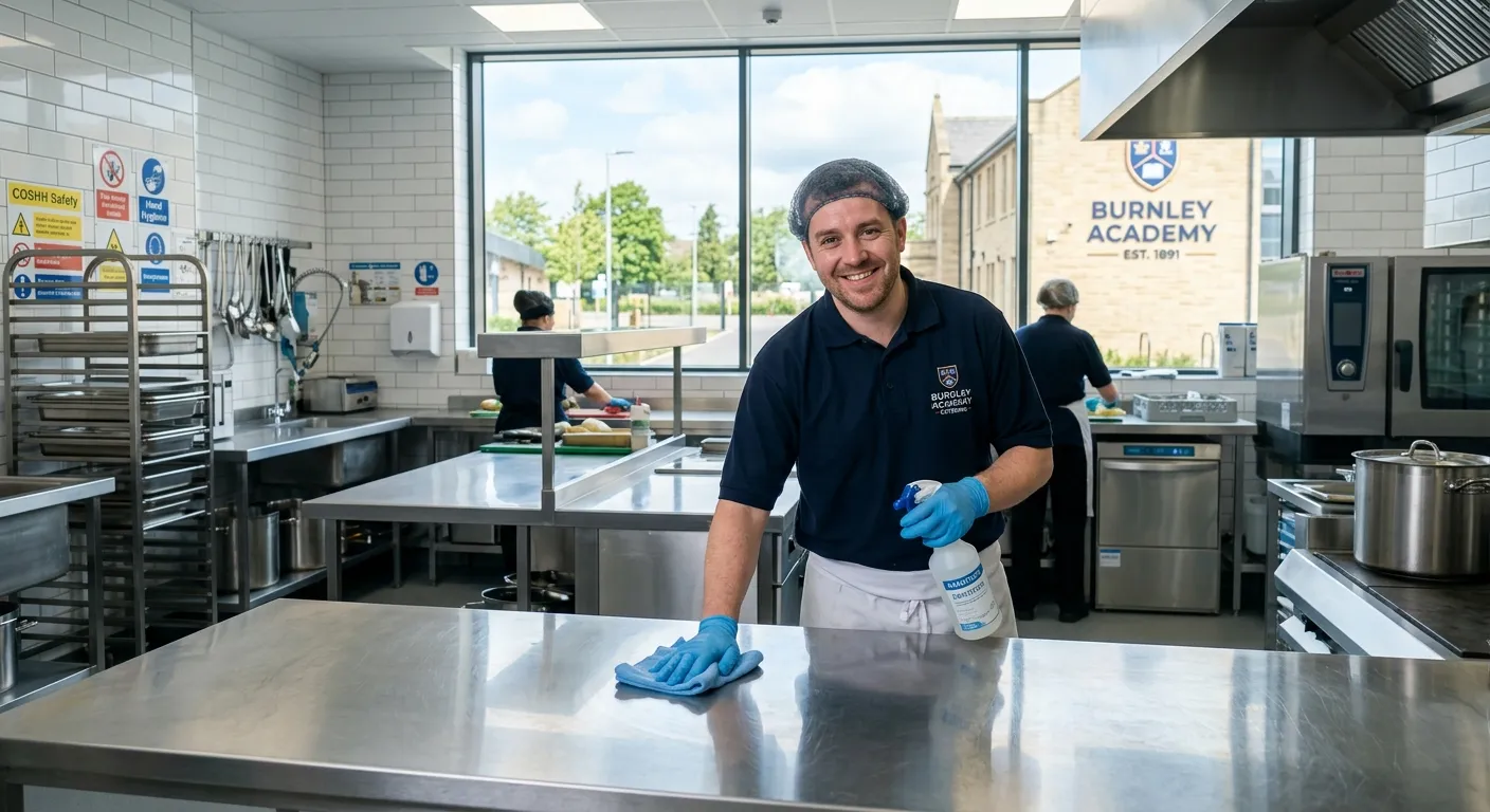 Professional, clean, and welcoming image of a modern school kitchen in Burnley, with a Kitchen Porter in full uniform smiling while wiping down a stainless steel counter. The mood is hygienic, efficient, and positive.