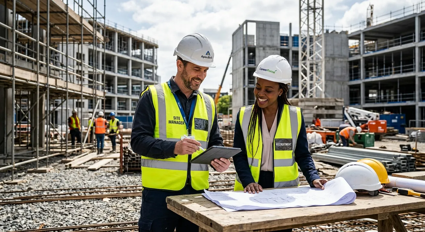 A high-contrast, professional photo of a modern construction site manager reviewing plans with a recruitment consultant, both smiling. They are on a clean, active building site with scaffolding in the background. Style is sharp, professional, and inspiring.