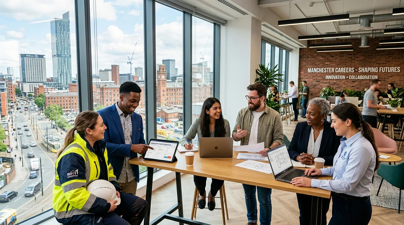 A dynamic, professional hero image showing a diverse team of skilled workers and recruiters collabor... A dynamic, professional hero image showing a diverse team of skilled workers and recruiters collaborating in a modern Manchester office space, with the city's skyline visible through large windows. Style: Vibrant, professional, aspirational. Mood: Energetic, collaborative, and forward-thinking.