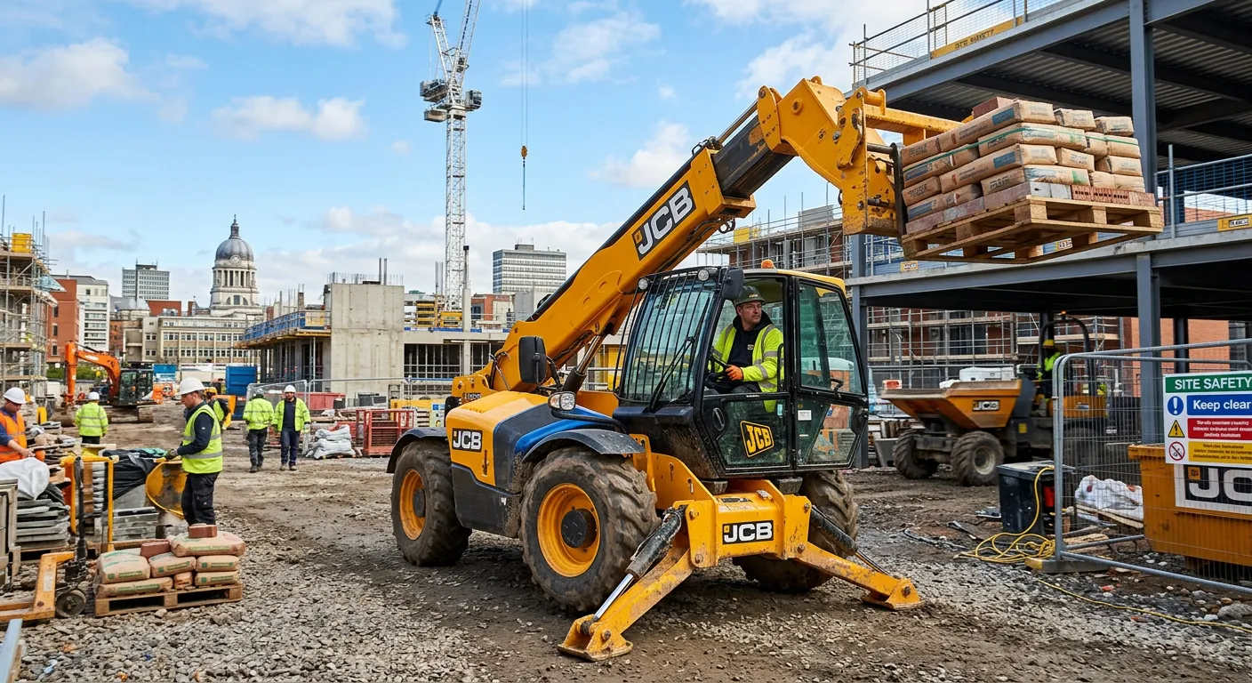 A professional telehandler operator in a hi-vis jacket, safely operating the machine on a busy const... A professional telehandler operator in a hi-vis jacket, safely operating the machine on a busy construction site in Nottingham, sunny day, action shot