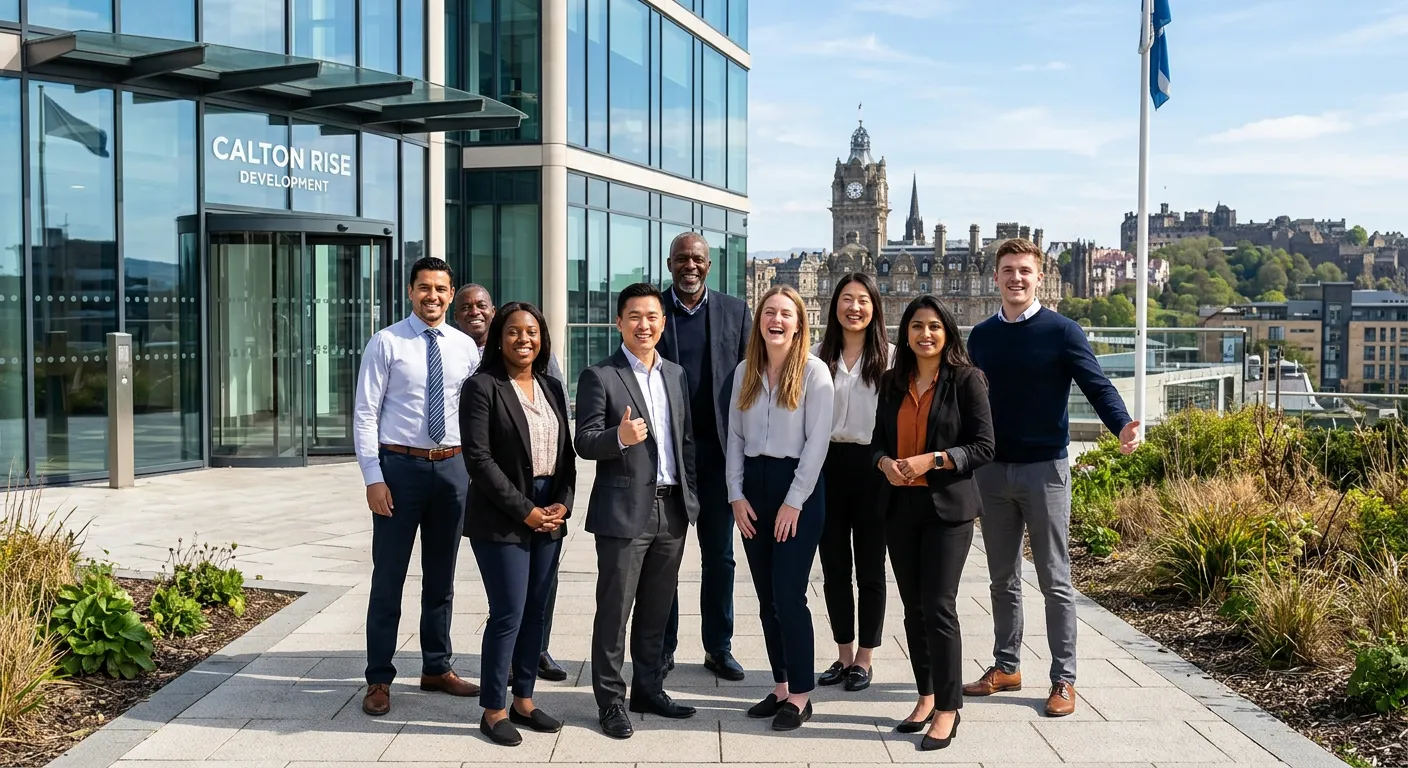 A professional, diverse group of staff in Edinburgh, standing confidently outside a modern business... A professional, diverse group of staff in Edinburgh, standing confidently outside a modern business building. The image should convey energy, teamwork, and opportunity. Style: Bright, clear, and welcoming.